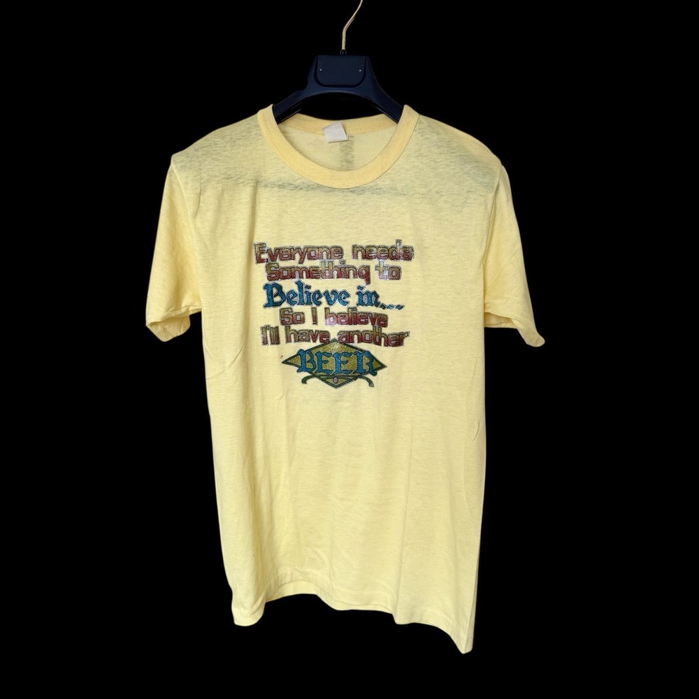Vintage 70s Funny Beer Belief T Shirt Sz M/L Single Stitch USA Made Yellow